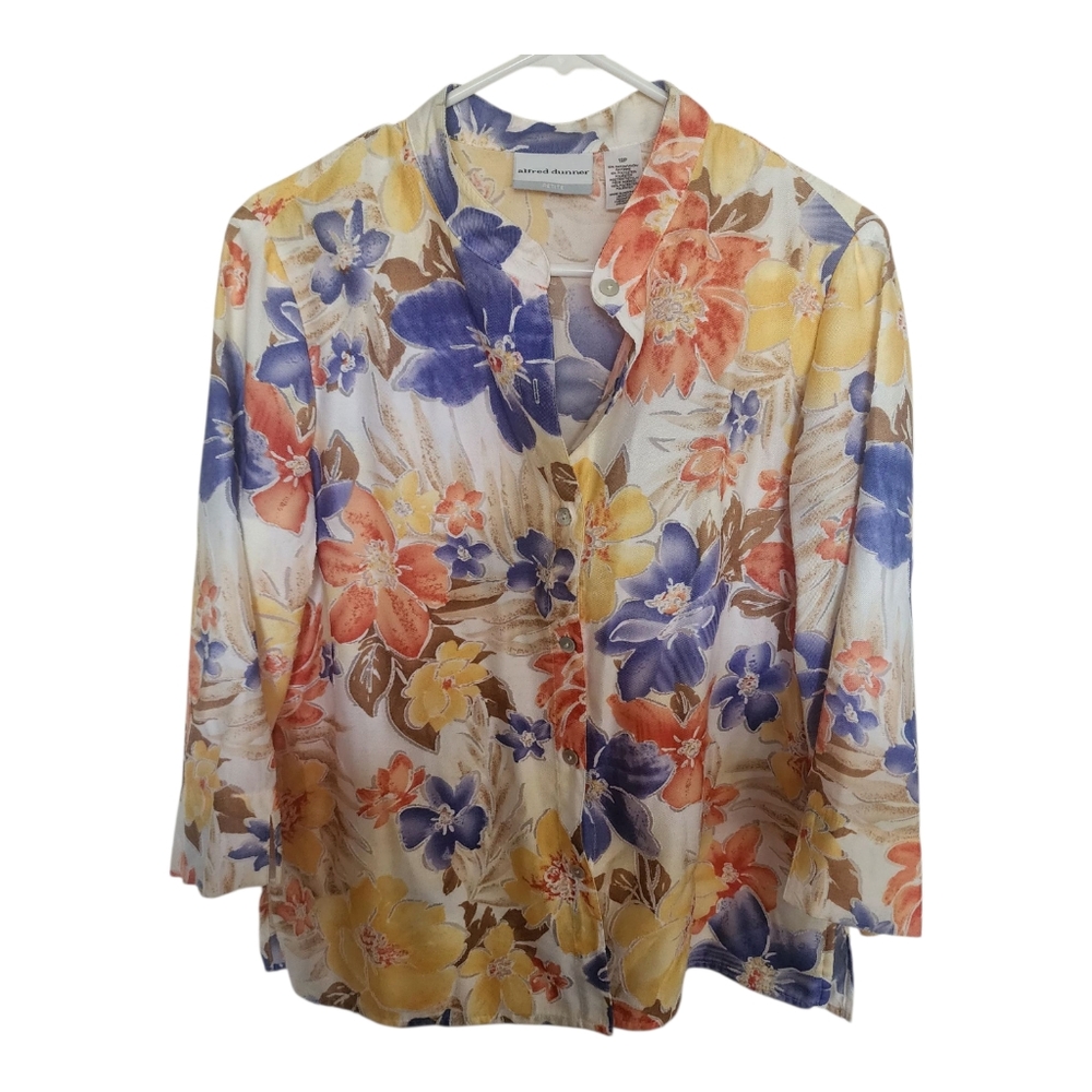 Alfred Dunner Vintage Floral 3/4 Sleeve Button Up Blouse Mandarin Collar 12p